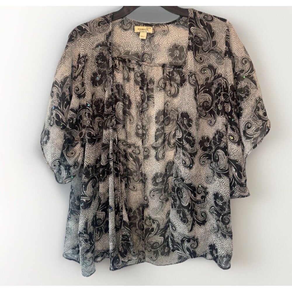 One World Womens Black Sequin‎ Flowy Open Cardigan Top 2X Boho Peasant Festival